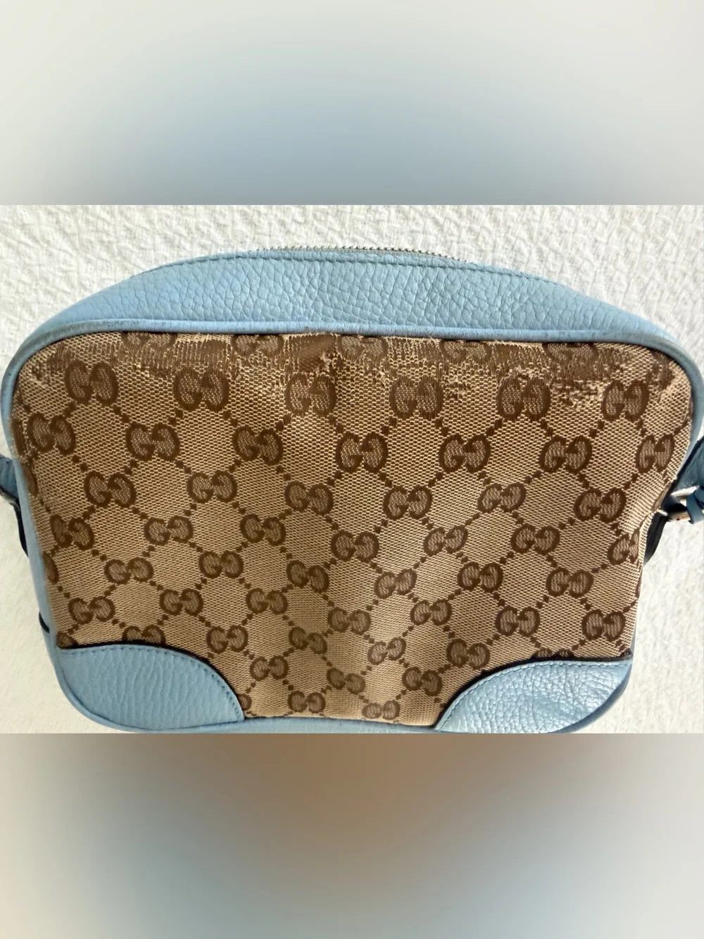 Gucci Brown GG Canvas and Light Blue Leather Crossbody Bag